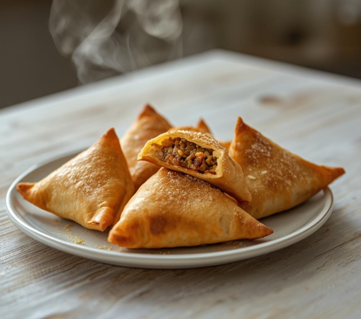 air fryer samosas: Golden crispy air fryer samosas with flaky crusts arranged on a plate, steam rising from the filling.