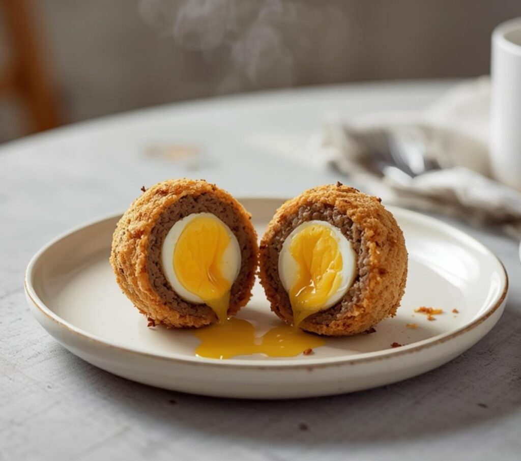 air fryer scotch eggs: Golden crispy air fryer scotch eggs on a plate with a creamy yolk center, perfect for breakfast.