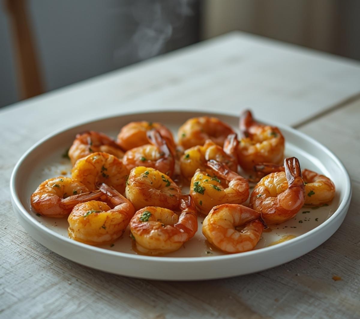 Air Fryer Shrimp Scampi: Golden garlic butter shrimp in air fryer basket with fresh parsley garnish