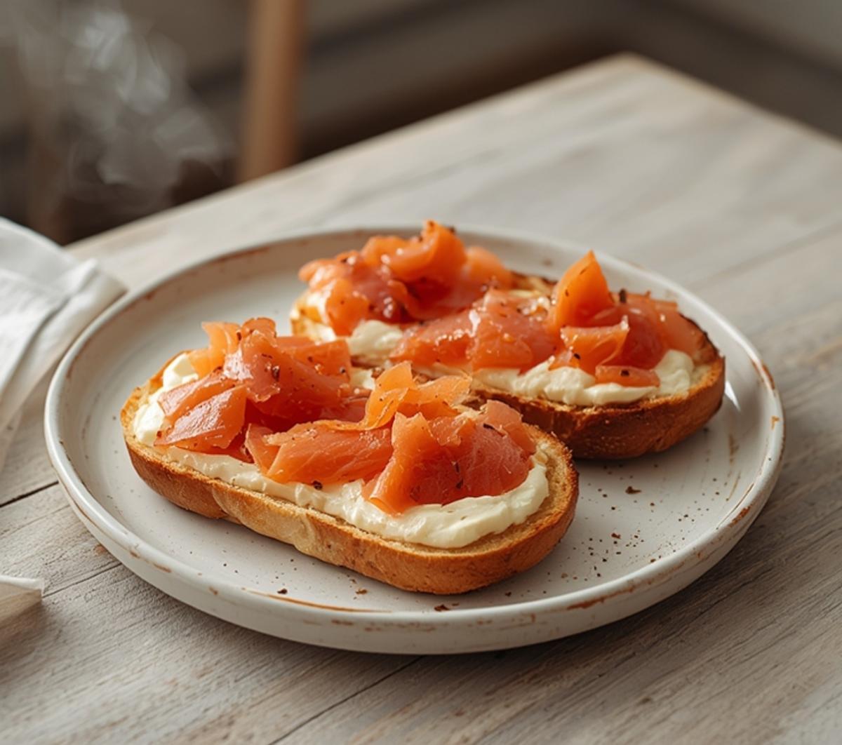 Air Fryer Smoked Salmon Bagel: Golden air fryer smoked salmon bagel with crispy edges and ruby-red salmon topping on a rustic board.