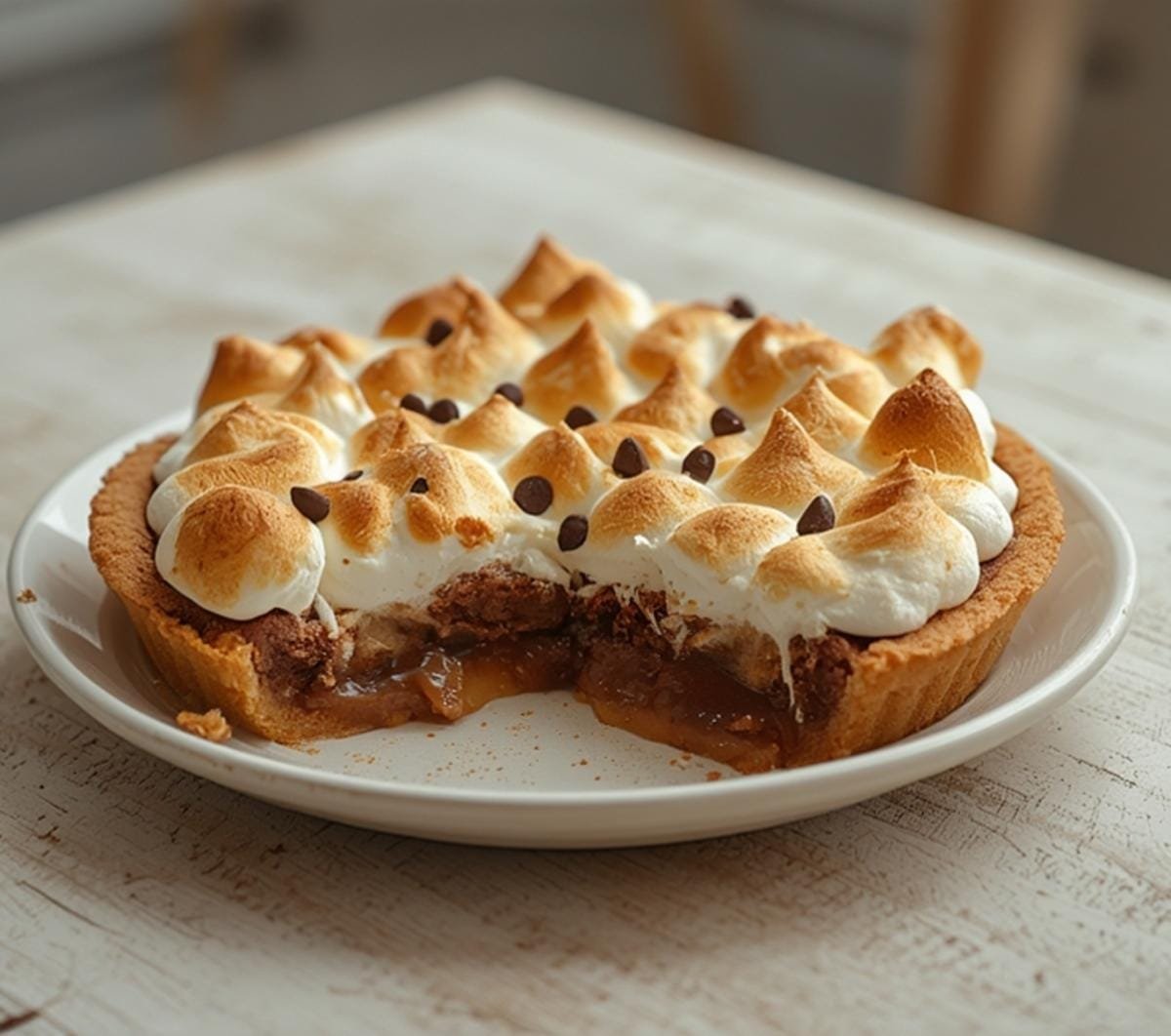 Air Fryer Smores Pie: Golden brown s'mores pie with crispy crust and melted chocolate in air fryer, ready to serve.