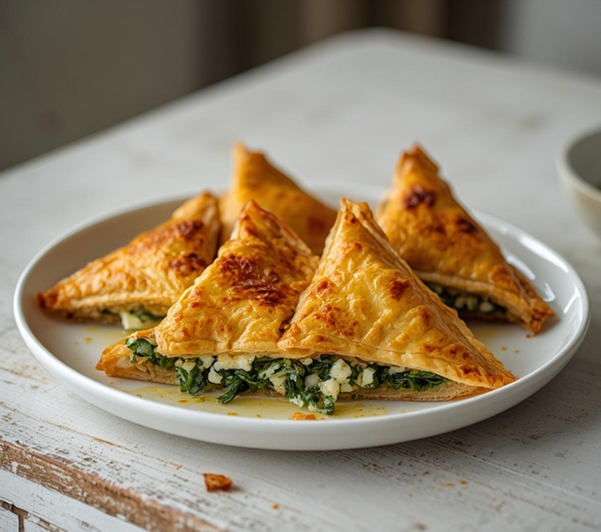 air fryer spanakopita triangles: Golden crispy air fryer spanakopita triangles with flaky phyllo layers and visible spinach feta filling on a white plate.