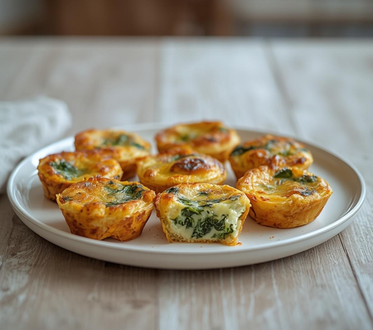 Air Fryer Spinach Egg Bites: Golden air fryer spinach egg bites with crispy edges and melted cheese in silicone cups.