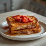 Air Fryer Strawberry French Toast: Golden crispy air fryer strawberry french toast with ruby-red berries on top