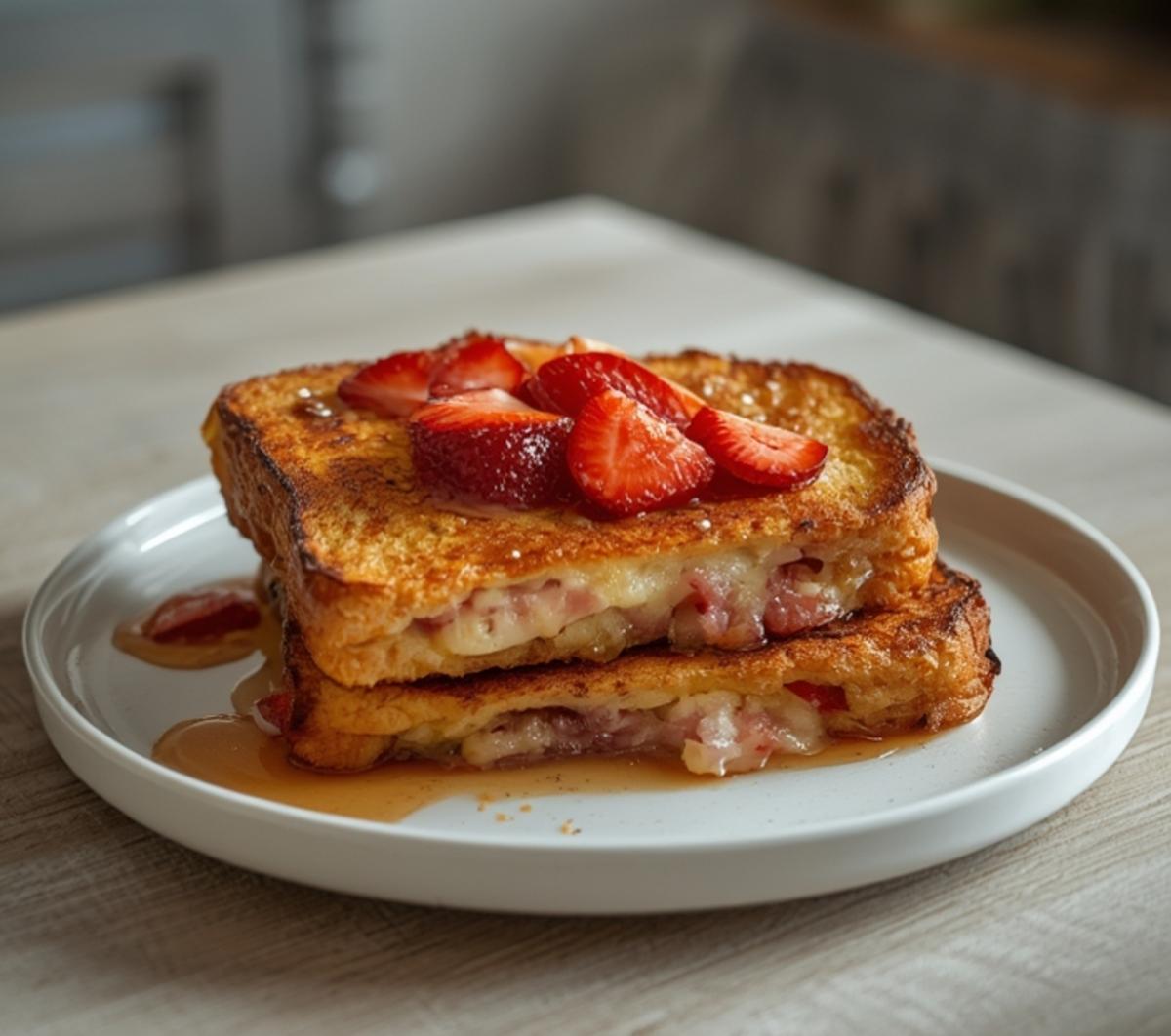 Air Fryer Strawberry French Toast: Golden crispy air fryer strawberry french toast with ruby-red berries on top
