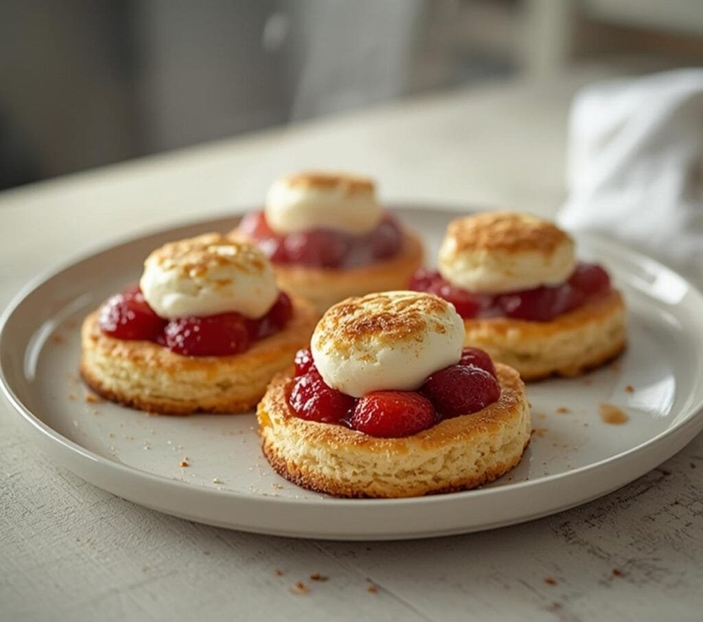 Air Fryer Strawberry Shortcake: Air fryer strawberry shortcake bites with golden biscuits, ruby strawberries, and fluffy cream.