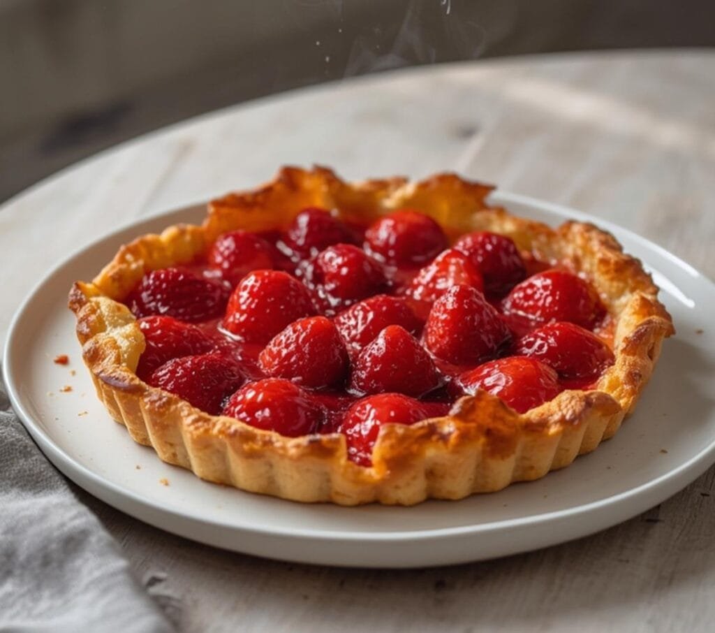 Air Fryer Strawberry Tart: Golden air fryer strawberry tart with glistening red fruit and flaky crisp edges.