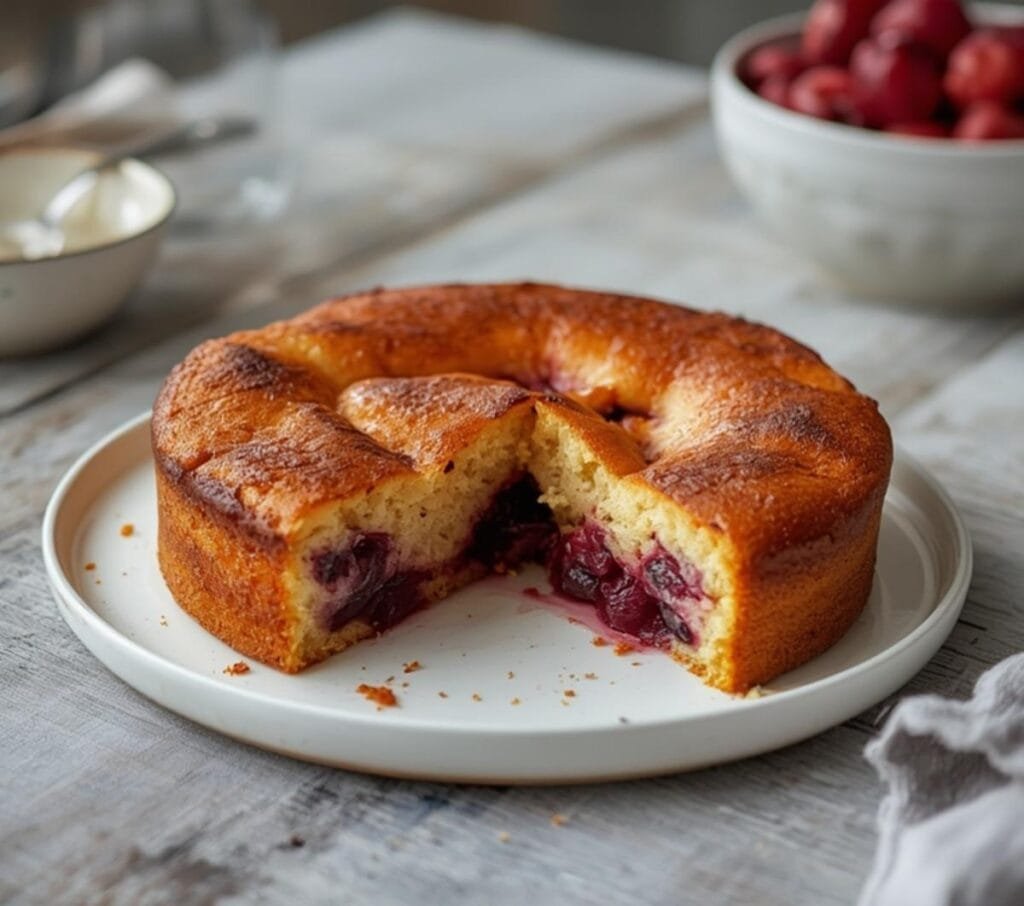 Air Fryer Summer Berry Cake: Golden summer berry cake with crisp edges and ruby-red berries in air fryer pan