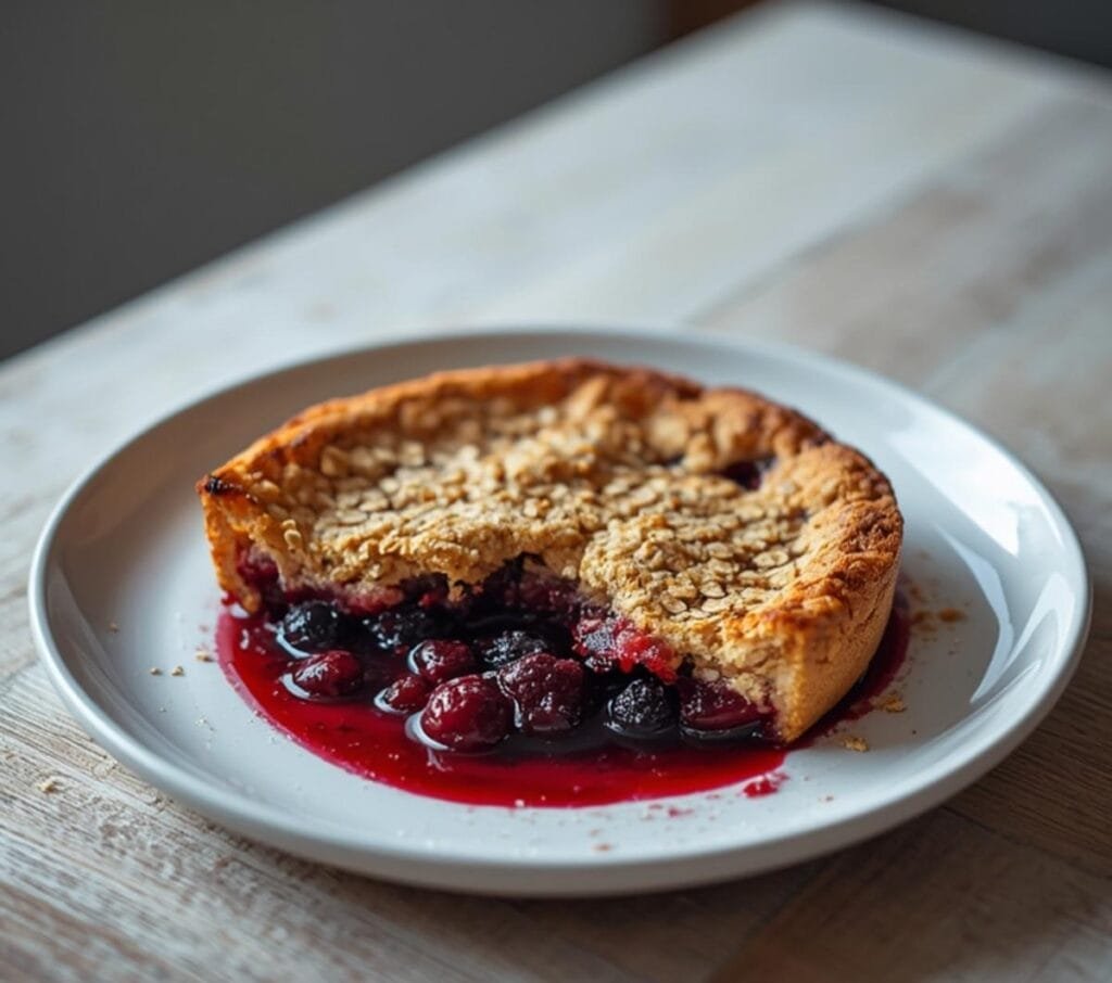 Air Fryer Summer Berry Crisp: Golden brown oat topping on a bubbling mixed berry crisp in an air fryer pan.