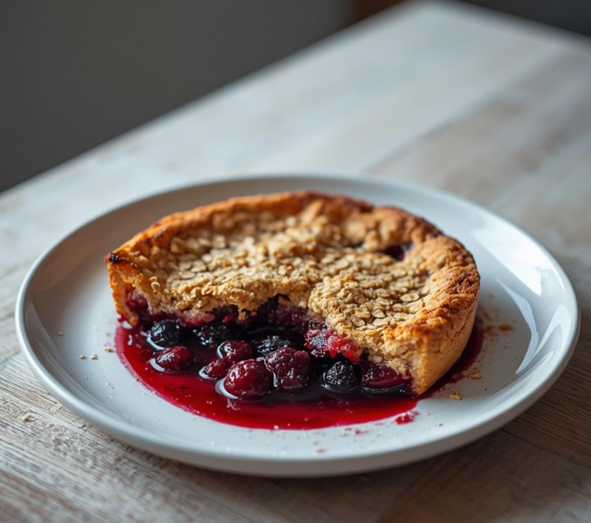 Air Fryer Summer Berry Crisp: Golden brown oat topping on a bubbling mixed berry crisp in an air fryer pan.