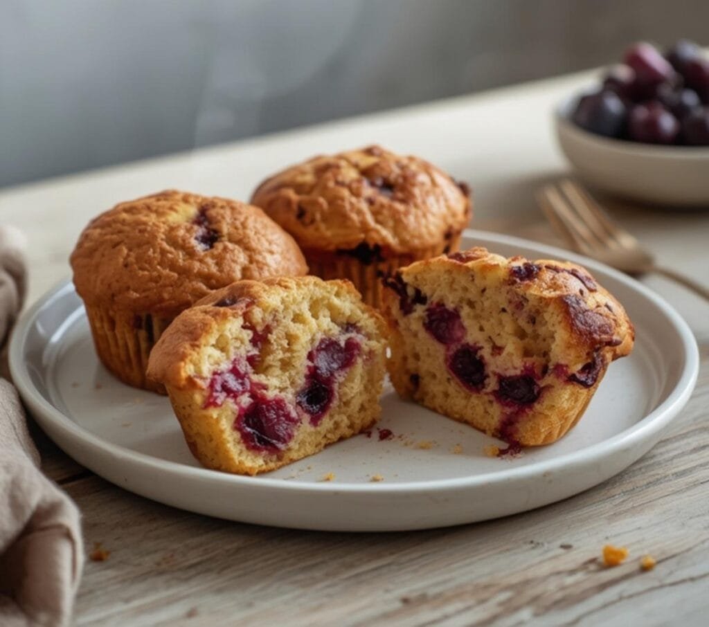 Air Fryer Summer Berry Muffins: Golden air fryer summer berry muffins with crisp edges and ruby-red berries in a muffin tin, ready to serve.