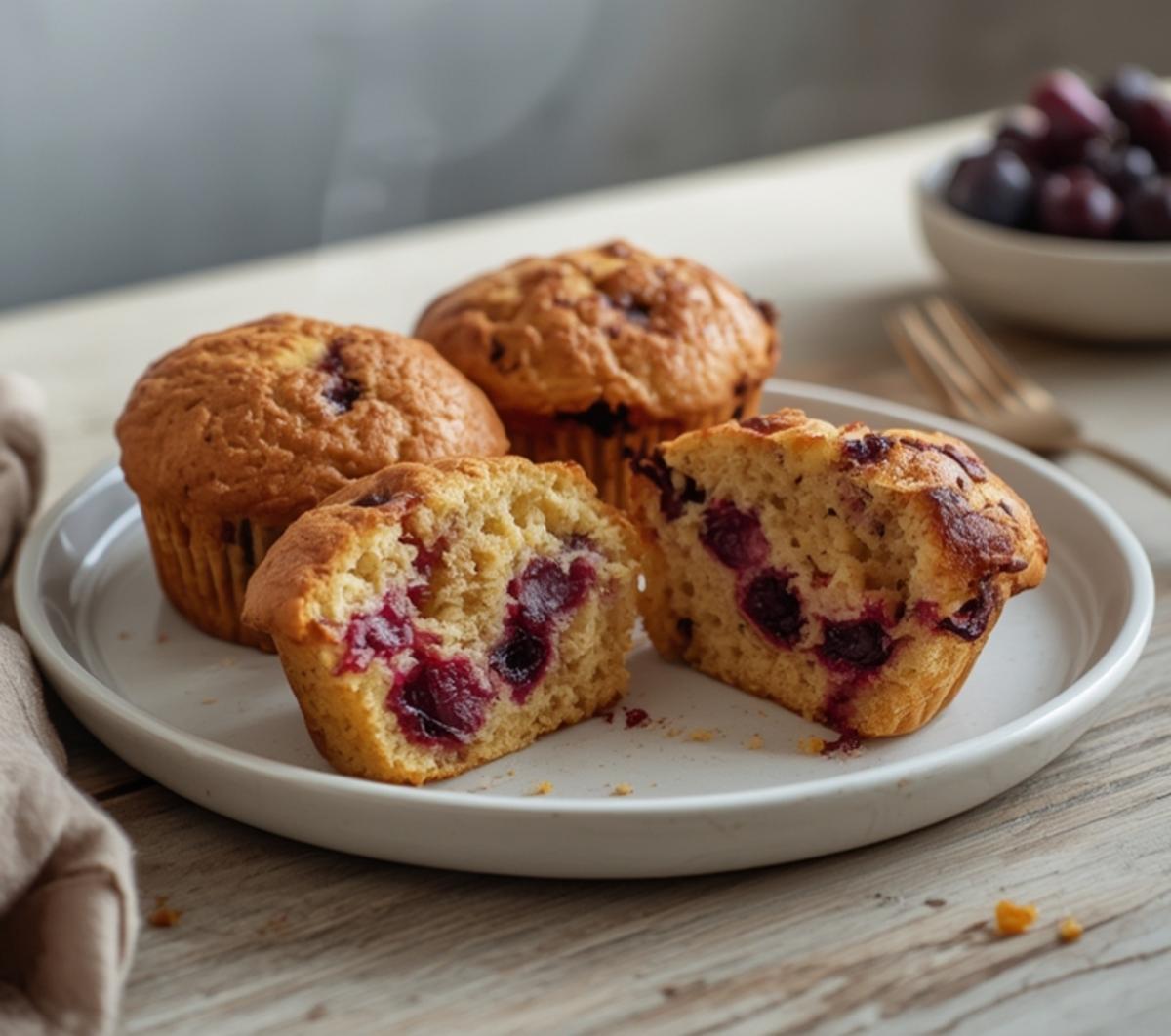 Air Fryer Summer Berry Muffins: Golden air fryer summer berry muffins with crisp edges and ruby-red berries in a muffin tin, ready to serve.