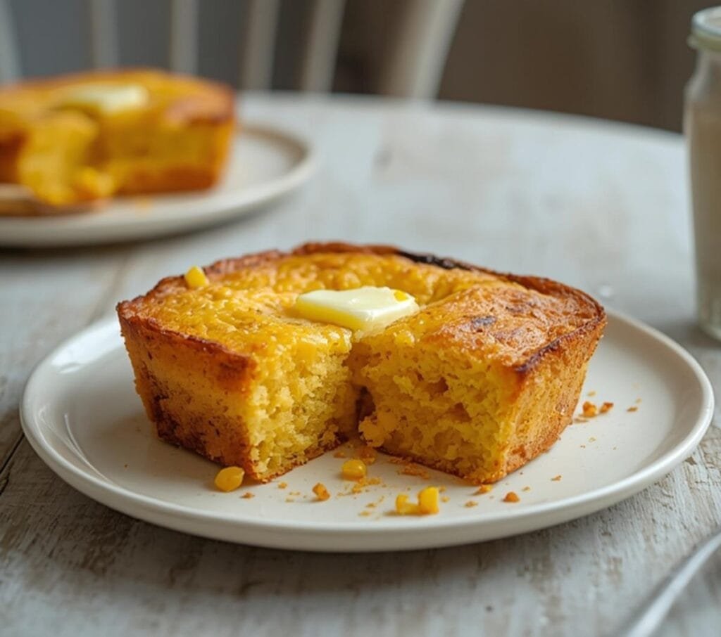 Air Fryer Summer Corn Bread: Golden brown Air Fryer Summer Corn Bread with crispy edges and fresh corn kernels visible on top.