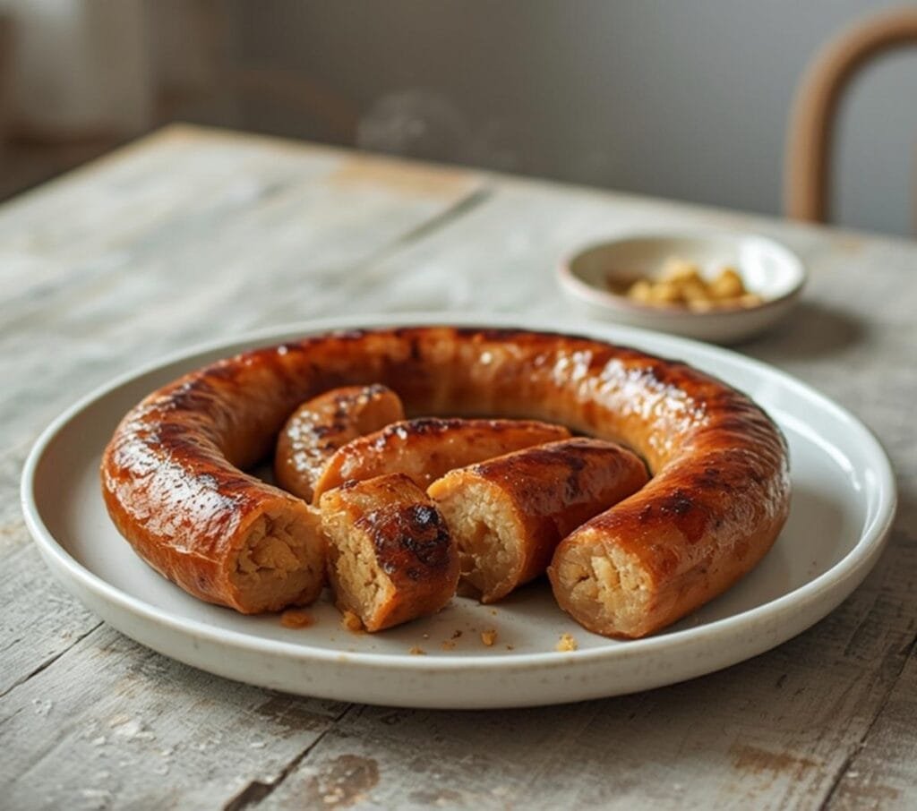 Air Fryer Summer Dinner Ideas: Juicy golden brown chicken sausage links in an air fryer basket, ready for an easy summer dinner.