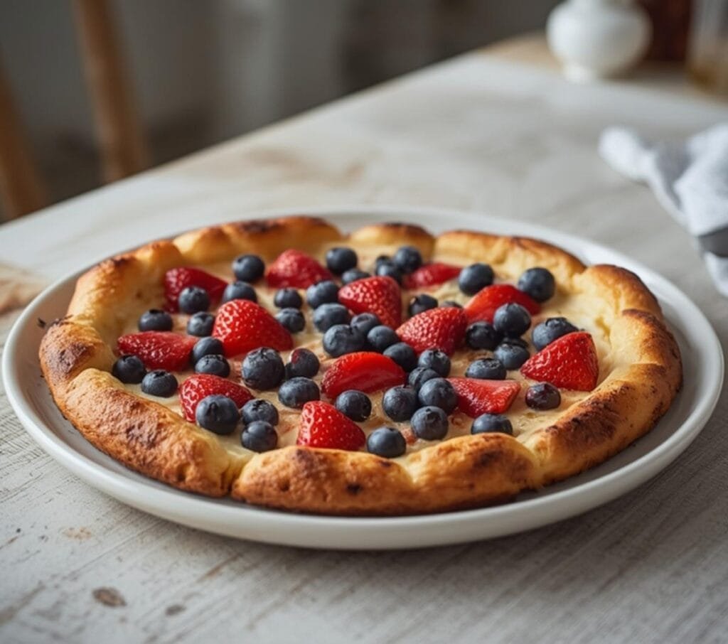 Air Fryer Summer Fruit Pizza: Golden air fryer summer fruit pizza with fresh berries and cream cheese on a wooden board.