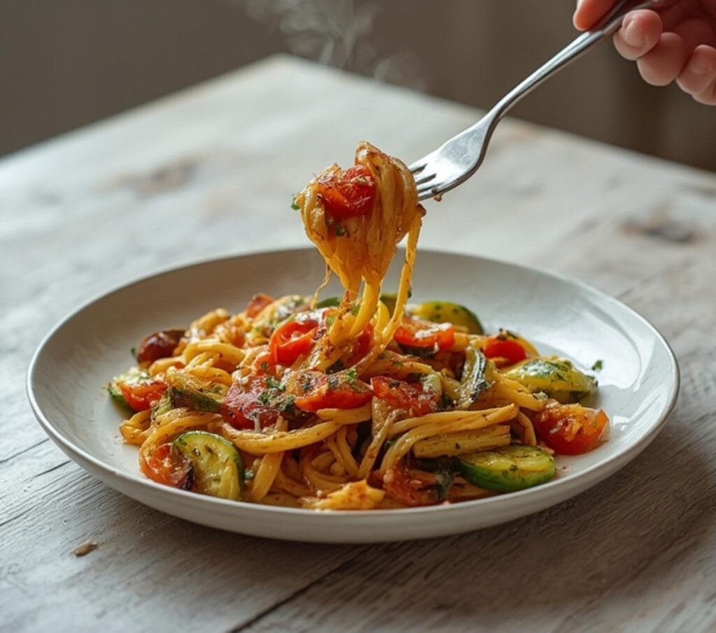 Air Fryer Summer Pasta Salad: Air Fryer Summer Pasta Salad with golden charred cherry tomatoes and crisp cucumber on pasta.