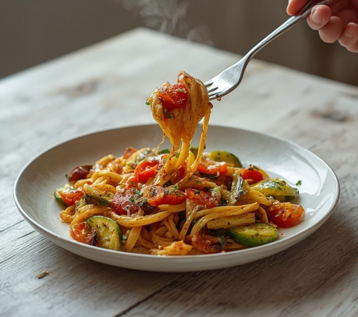 Air Fryer Summer Pasta Salad: Air Fryer Summer Pasta Salad with golden charred cherry tomatoes and crisp cucumber on pasta.