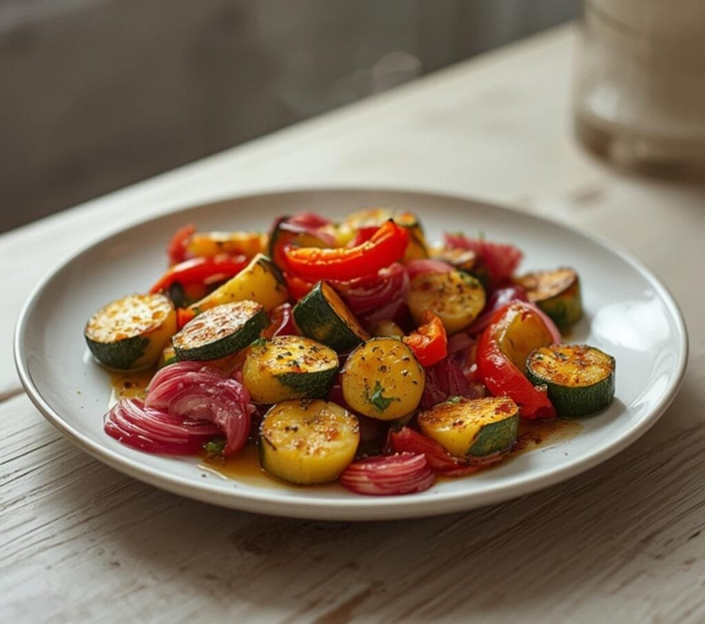 Air Fryer Summer Vegetable Medley: Golden crispy air fryer summer vegetable medley with zucchini, peppers, and onions glistening with herbs.