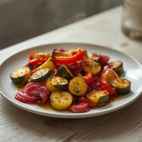 Air Fryer Summer Vegetable Medley: Golden crispy air fryer summer vegetable medley with zucchini, peppers, and onions glistening with herbs.