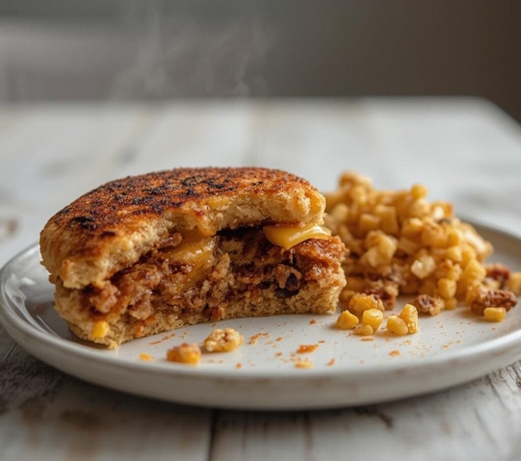 Air Fryer Summer Veggie Burger: Golden air fryer veggie burger with melted cheese on a toasted bun, fresh summer toppings visible.