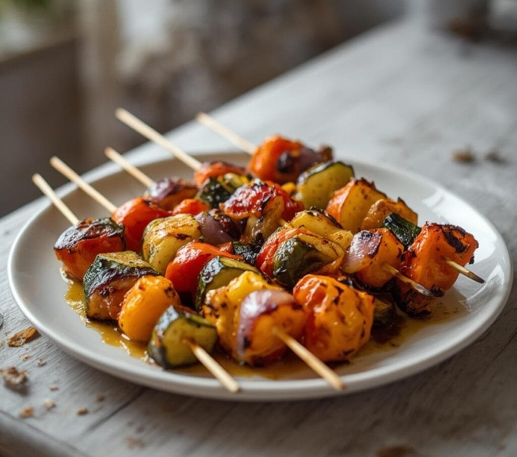 Air Fryer Summer Veggie Skewers: Colorful air fryer veggie skewers with golden charred edges and juicy tomatoes, perfect for summer.