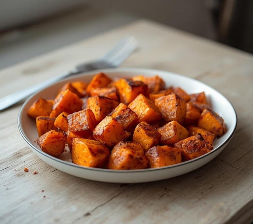 Air Fryer Sweet Potato Hash: Crispy golden air fryer sweet potato hash in a white bowl, perfect for breakfast.