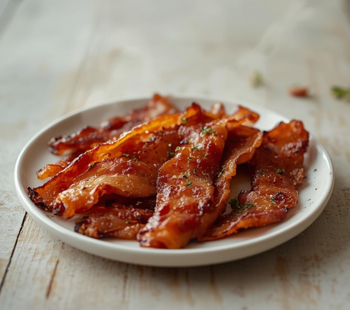 Air Fryer Turkey Bacon Strips: Extra crispy golden turkey bacon strips in air fryer with crisp edges and amber color.