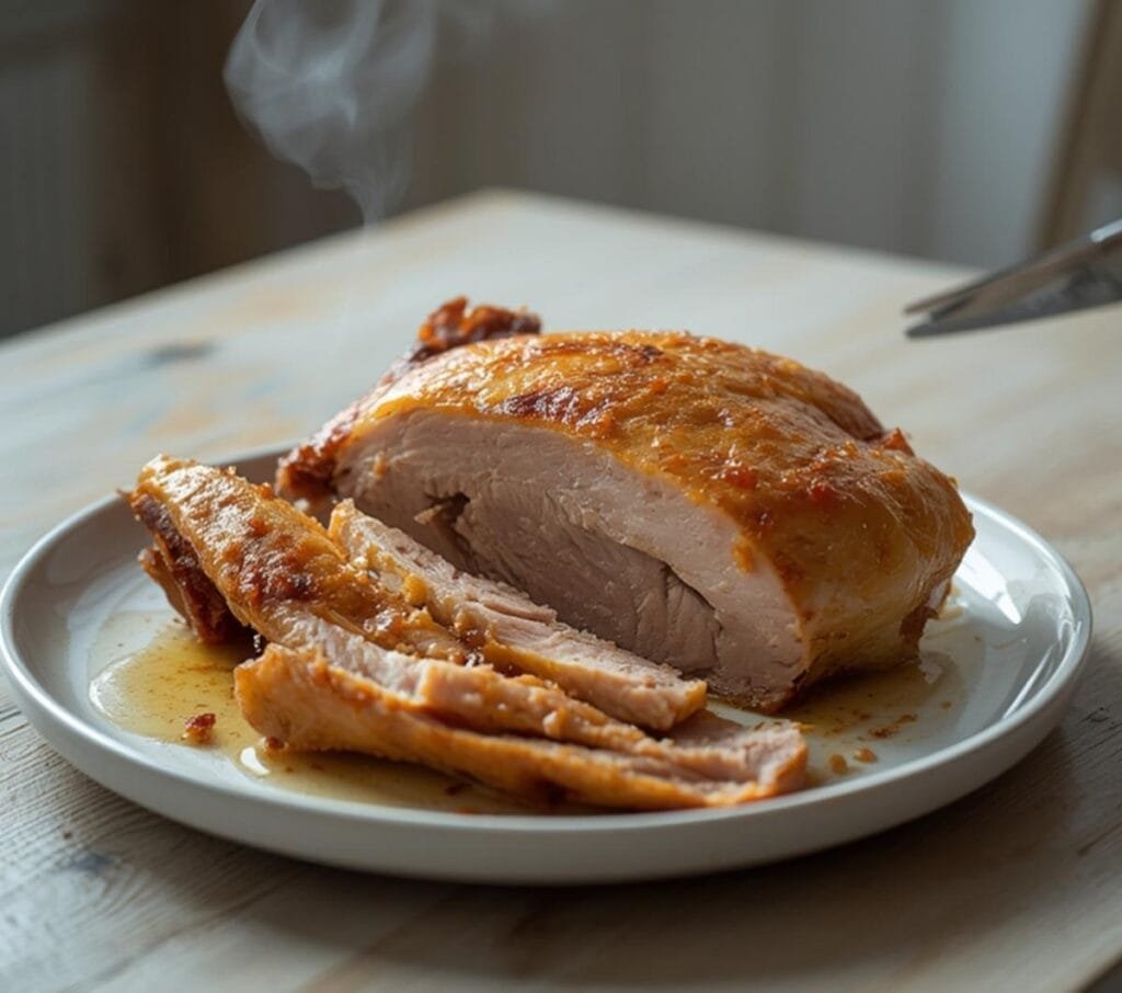 Air Fryer Turkey Breast: Golden crispy air fryer turkey breast with juicy tender meat on a platter, perfect for dinner.