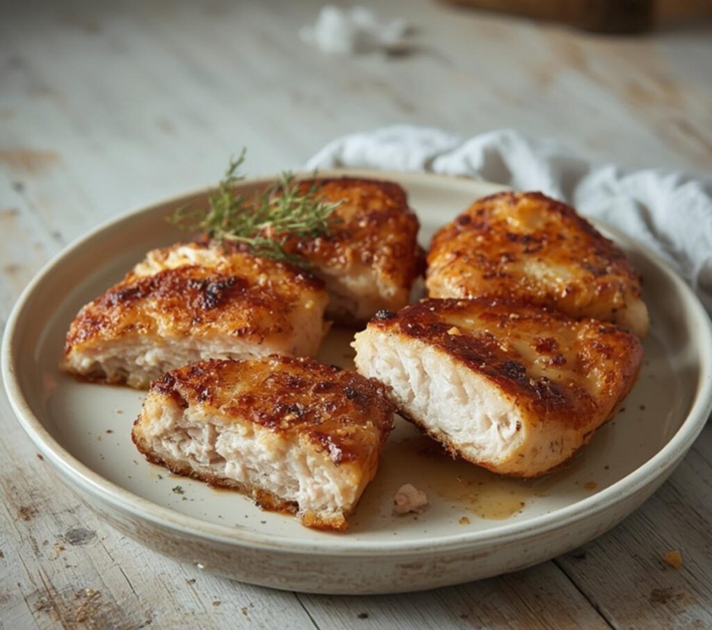 Air Fryer Turkey Cutlets: Golden brown air fryer turkey cutlets with crisp edges on a white plate, ready to serve.