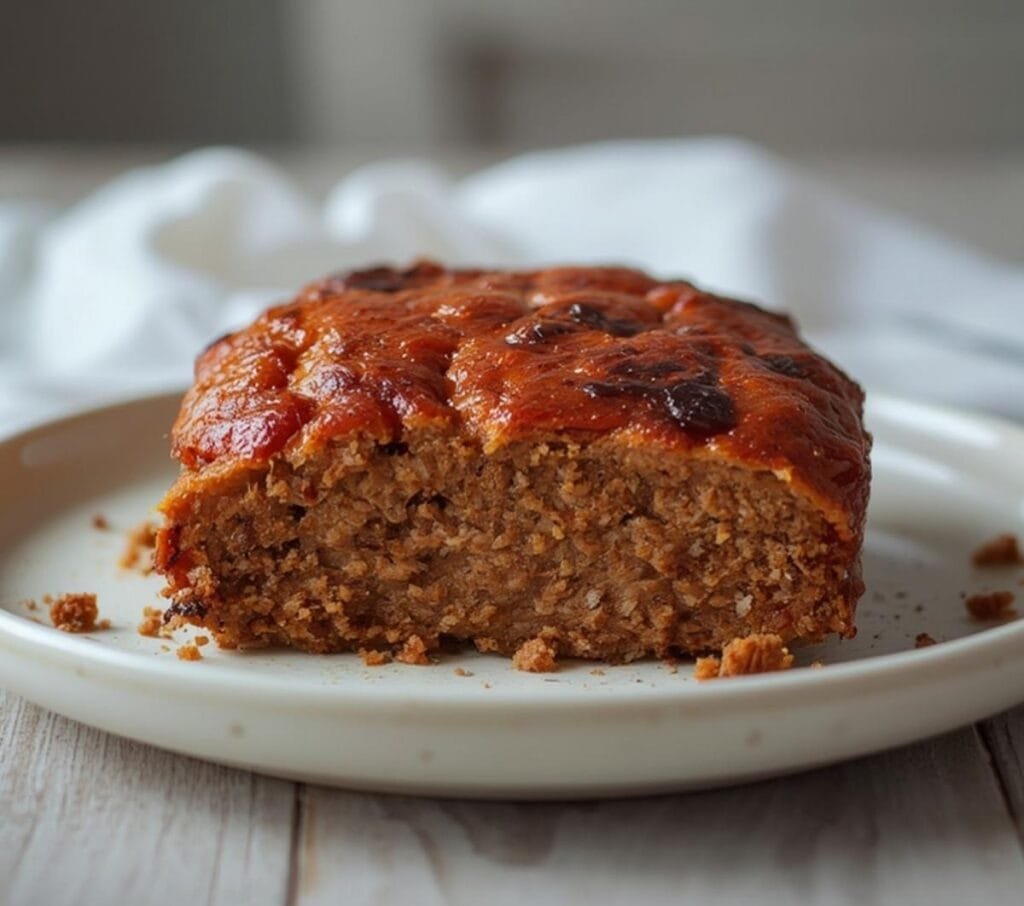 Air Fryer Turkey Meatloaf: Golden brown air fryer turkey meatloaf with a glistening ketchup glaze and crisp edges on a white plate.