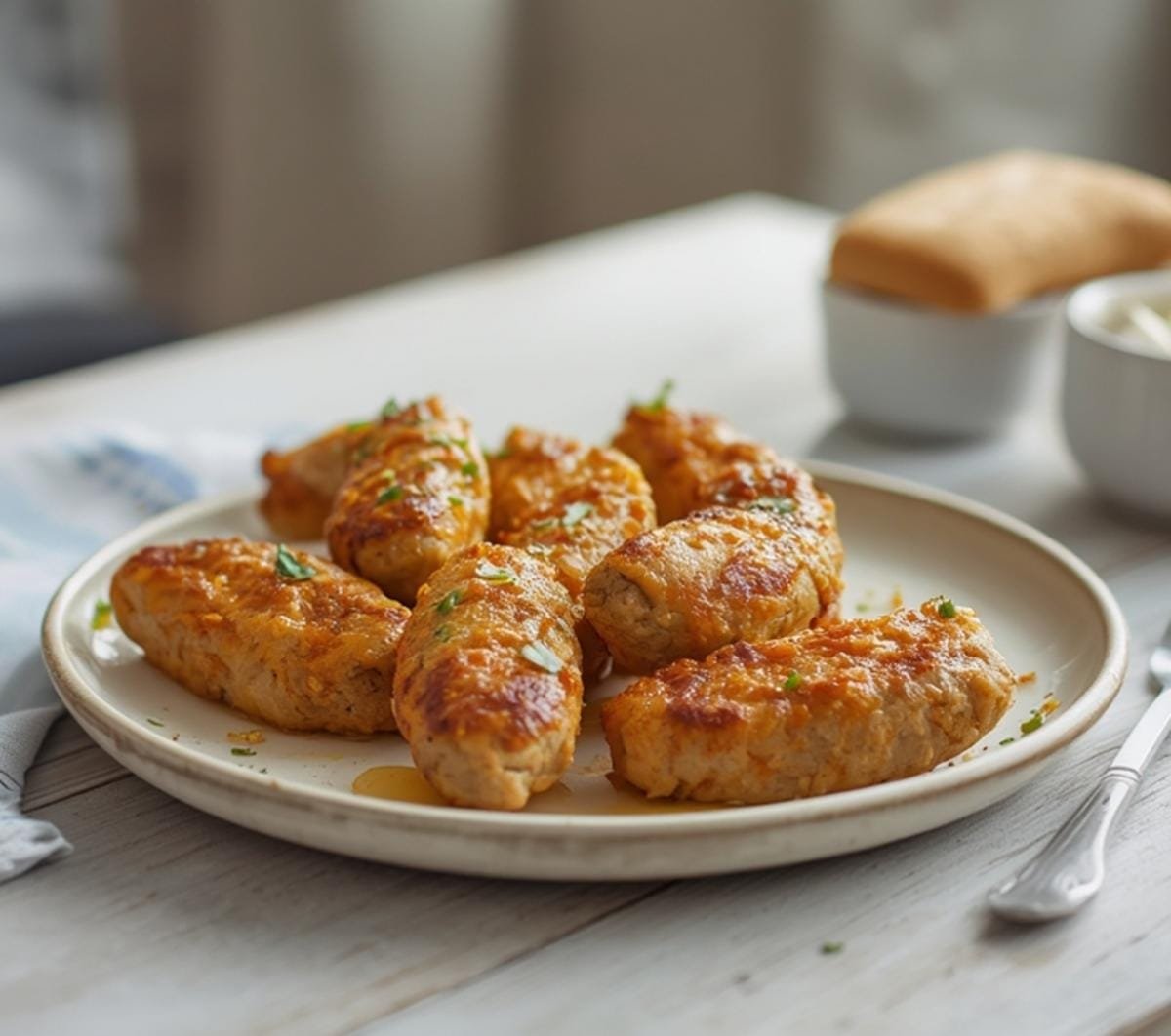 Air Fryer Turkey Sausage Links: Golden brown turkey sausage links in air fryer basket with crisp edges and juicy interior.