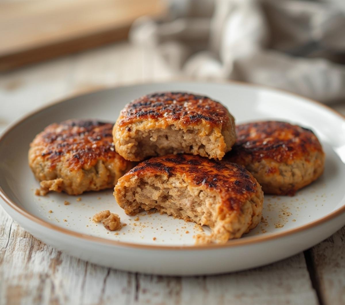 Air Fryer Turkey Sausage Patties: Golden brown air fryer turkey sausage patties with crispy edges on a plate.
