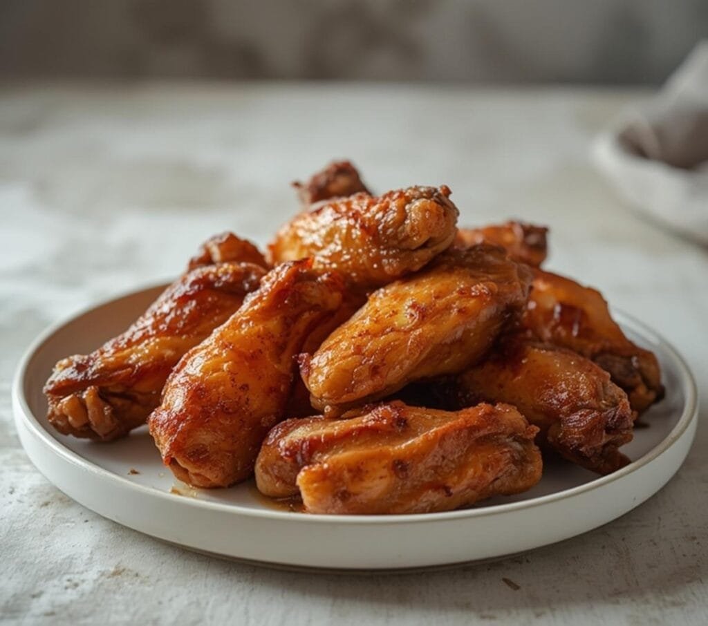 Air Fryer Turkey Wings: Golden crispy air fryer turkey wings with a bubbly, caramelized skin on a rustic plate.