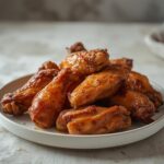 Air Fryer Turkey Wings: Golden crispy air fryer turkey wings with a bubbly, caramelized skin on a rustic plate.