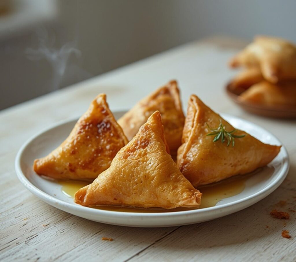 air fryer vegetable samosas: Golden crispy air fryer vegetable samosas with flaky edges on a plate, perfect for healthy snacking.