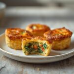 Air Fryer Veggie Omelet Bites: Golden air fryer veggie omelet bites with crispy edges and colorful veggies on a white plate.