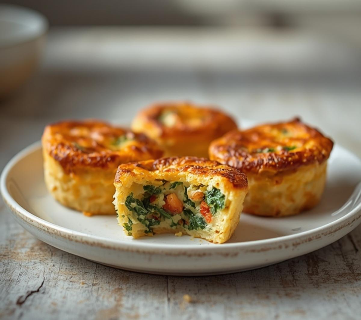 Air Fryer Veggie Omelet Bites: Golden air fryer veggie omelet bites with crispy edges and colorful veggies on a white plate.