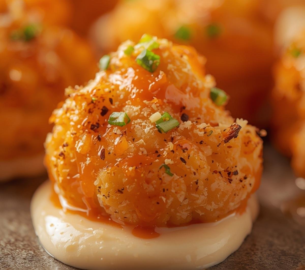 Extreme close-up of Air Fryer Buffalo Cauliflower Bites showing crispy panko crust and glossy buffalo sauce texture