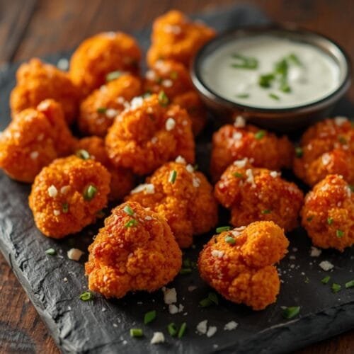 Air Fryer Buffalo Cauliflower Bites on a slate platter with ranch dressing and chive garnish, crispy golden panko crust