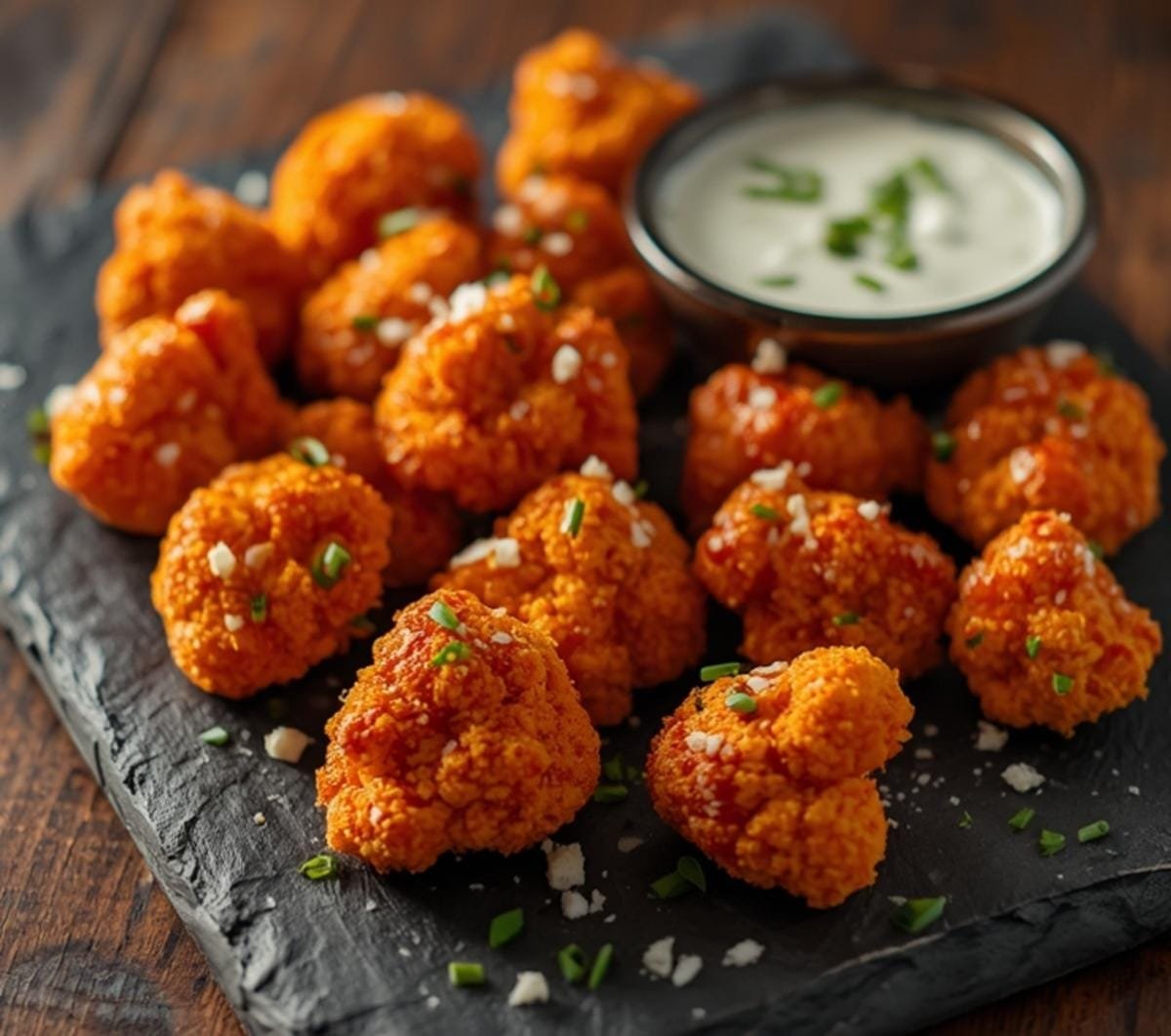 Air Fryer Buffalo Cauliflower Bites on a slate platter with ranch dressing and chive garnish, crispy golden panko crust