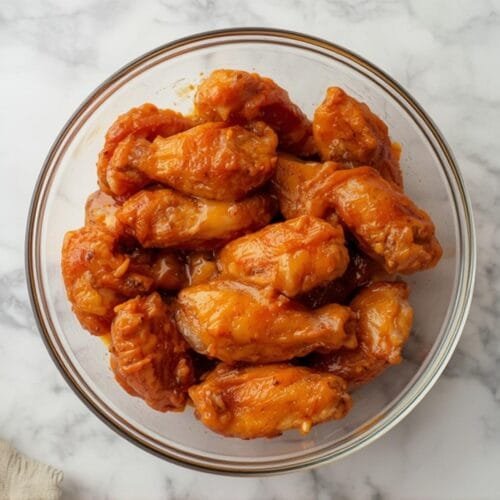 Air fryer chicken wings super bowl recipe ingredients in a glass bowl coated with spicy cayenne sauce on marble.