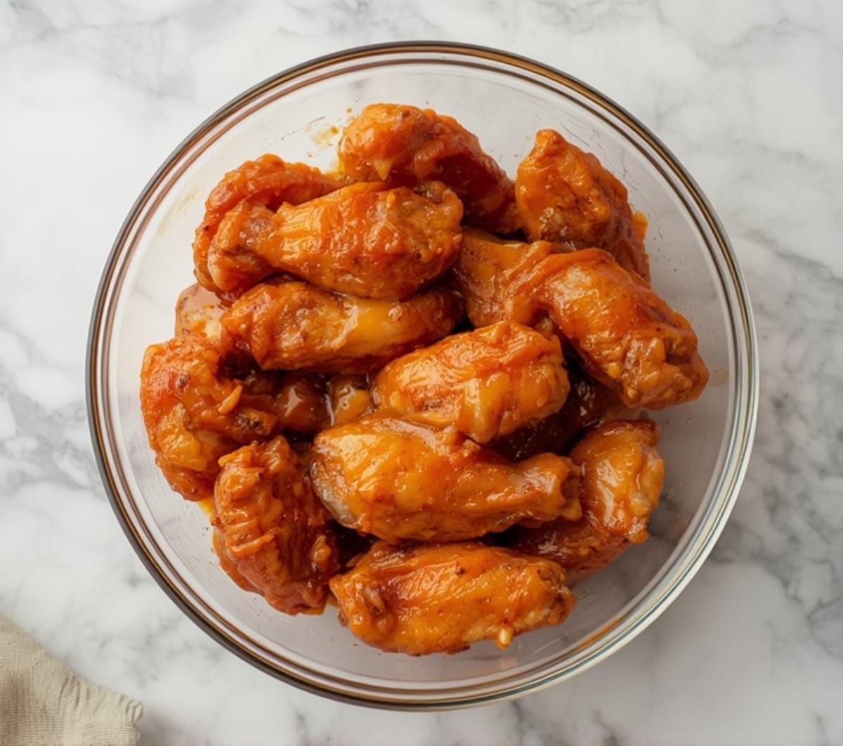 Air fryer chicken wings super bowl recipe ingredients in a glass bowl coated with spicy cayenne sauce on marble.
