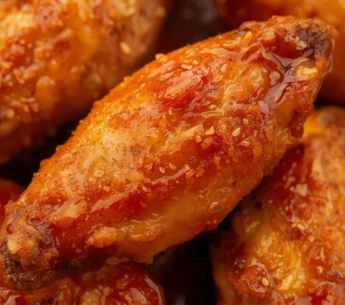 Extreme close-up of air fryer chicken wings showing glossy cayenne sauce and butter texture.