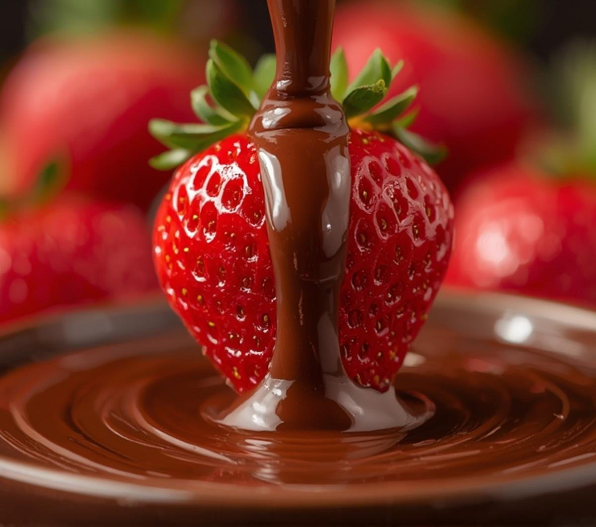 Extreme close-up of melted chocolate dripping from a strawberry, highlighting the smooth and shiny texture of the air fryer chocolate.