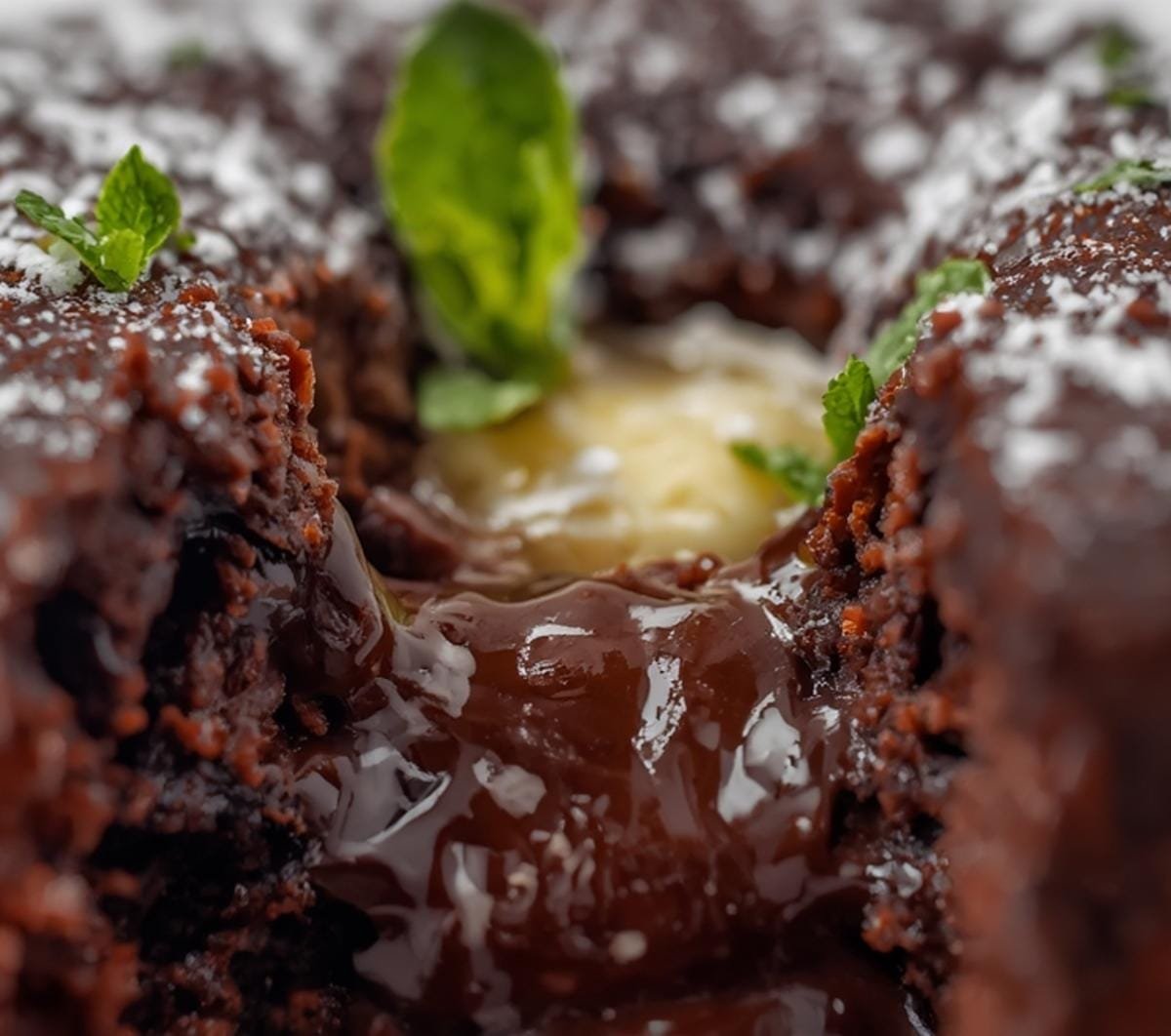 Extreme close-up of Air Fryer Chocolate Lava Cake Valentine texture, showing molten chocolate, powdered sugar, and chocolate crumbs.