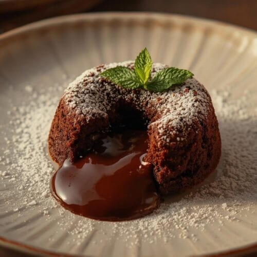 Delicious Air Fryer Chocolate Lava Cake Valentine with powdered sugar and mint on a cream plate, perfect for a romantic dessert.