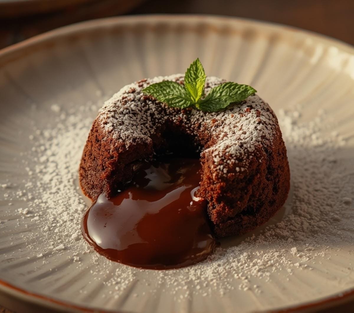 Delicious Air Fryer Chocolate Lava Cake Valentine with powdered sugar and mint on a cream plate, perfect for a romantic dessert.