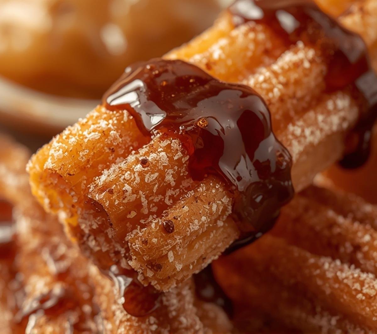 Extreme close-up of the crispy, sugar-coated texture of golden air fryer churros, showing individual sugar crystals and cinnamon specs.