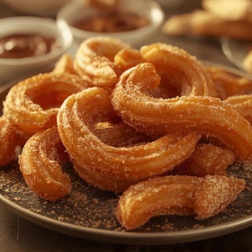 Close-up of a large platter of golden, cinnamon-sugar coated air fryer churros, perfect for a Valentine dessert.