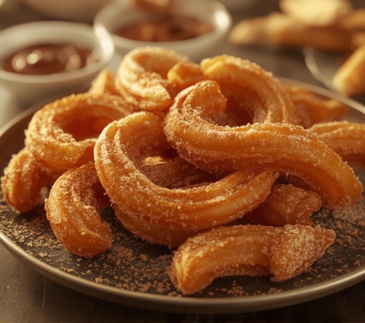 Close-up of a large platter of golden, cinnamon-sugar coated air fryer churros, perfect for a Valentine dessert.